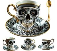 Royal Skull Coffee Mug, Skull Coffee Cup with Saucer Set, Gothic Skeleton Novelty Ceramic Tea Cup for Halloween Gifts and Coffee Lovers (Ceramic)