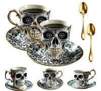 Royal Skull Coffee Mug, Skull Coffee Cup with Saucer Set, Gothic Skeleton Novelty Ceramic Tea Cup for Halloween Gifts and Coffee Lovers (Double)