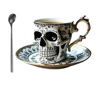 Royal Skull Coffee Mug with Saucer Set, Gothic Tea Cup, Halloween Gold Trim Porcelain Cup Decor, Funny Reusable 3D Ceramic Spooky Plate, Unique Creative Gift for Lovers Collectors (C)