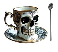 Royal Skull Coffee Mug with Saucer Set, Gothic Tea Cup, Halloween Gold Trim Porcelain Cup Decor, Funny Reusable 3D Ceramic Spooky Plate, Unique Creative Gift for Lovers Collectors (A)