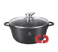 Royal Swiss Pentola da 24 cm, colore nero, 4 l, rivestimento in marmo, antiaderente, coperchio in vetro, compatibile con induzione e forno, ghisa di alluminio, manici in silicone rimovibili