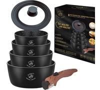 Royal Swiss® Set di pentole e padelle 5 pezzi con manico rimovibile - 14/16/18/20 cm + coperchio in vetro universale - Adatto a tutti i tipi di fornelli, compresa l'induzione - Impilabile, risparmio