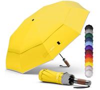 Royal Walk Ombrello da viaggio pieghevole antivento, compatto e resistente, con manico in vero legno, apertura automatica, chiusura automatica, doppia tettoia per uomini e donne, Giallo, L, Moderno