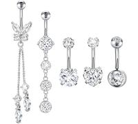 RoyalChic Set di 5 piercing da ombelico, in acciaio chirurgico, motivo farfalla, a forma di cuore, per ombelico, con pietra, in acciaio inox con zirconi, argento, 10 gauge 1,6 mm