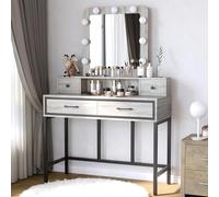 RoyalCraft Hollywood - Tavolo grande con luci e specchio illuminato, 3 colori, dimmerabile, grigio con 4 cassetti, grande tavolo da toeletta per donne e ragazze