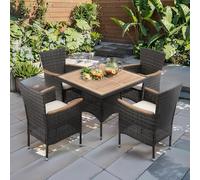 RoyalCraft Set da pranzo da 5 pezzi in vimini per 4 persone, tavolo da pranzo in rattan impermeabile e 4 sedie con piano in legno, set di conversazione con cuscini rimovibili per terrazza, giardino