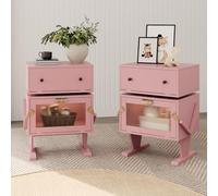 RoyalCraft Set di 2 comodini con strisce luminose a LED, tavolino rosa con cassetto girevole a 360°, comodino moderno con porta in vetro, comodino in legno per camera da letto, casa, ufficio, rosa