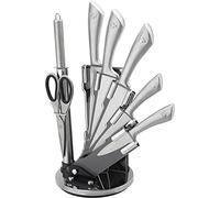 ROYALTY LINE, RLKSS600, Ceppo portacoltelli da 8 pezzi con porta ventaglio, forbici, coltelli in acciaio inox, manici antiscivolo, affilatore incluso - Argento - Misura Standard
