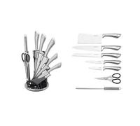 ROYALTY LINE, RLKSS600, Ceppo portacoltelli da 8 pezzi con porta ventaglio, forbici, coltelli in acciaio inox, manici antiscivolo, affilatore incluso - Argento - Misura Standard