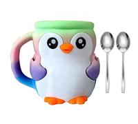ROYJJ Whimsically - Contenitore per gelato a tema pinguini, doppio porta cucchiaio, protezione per bevande fredde, con cassetto segreto, grazioso manicotto per tazza di gelato a forma di pinguini