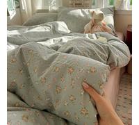 Rozhuhro Set Copripiumino in Cotone Lavato, Set di Biancheria da Letto Floreale Fresco da 4 Pezzi, Set Copripiumino con Fiori botanici e Chiusura con Cerniera, piumone Non Incluso,Verde,Full