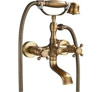 Rozin - Rubinetto per vasca da bagno in stile retrò, con impugnatura a croce, doccetta e miscelatore a due manopole, in ottone anticato