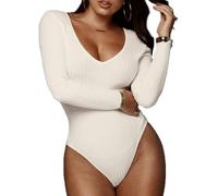 RPAEOY Body Donna Manica Lunga Elegante Sexy Scollo a V Jersey Basic Tuta Aderente Bodysuit Elasticizzato Casuale Jumpsuits (Bianco/XL)