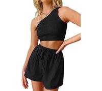 RPAEOY Completi Donna Eleganti One shoulder Stretch Piegare Crop Top e Pantaloncini Corto 2 Pezzi Tuta Loungewear Estivo Casual Completo per Spiaggia Vacanza Nero S