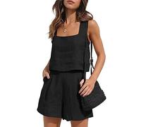 RPAEOY Completo Lino Donna 2 Pezzi Senza Maniche Collo Quadrato Canotta Lino e Vita Alta Pantaloncini Elegante Tuta Casual Estiva Completi per Spiaggia Vacanza Nero S
