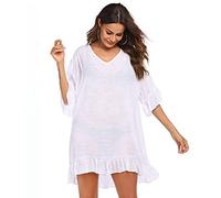 RPAEOY Donna Copricostumi Arruffato Cotone Copricostume Spiaggia da Mare Bikini Cover Up Tunica Costume da Bagno Estate Abito da Spiaggia Interi Beachwear Beach Dress (Bianco)
