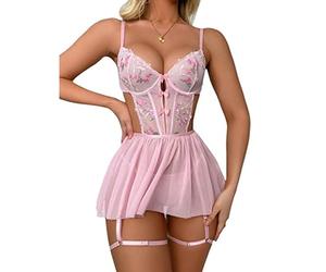 RPAEOY Lingerie Donna Pizzo Bustier con Gonna Ricamato Floreale Completo Intimo Elegante Abbigliamento Notte Reggicalze Set Intimi