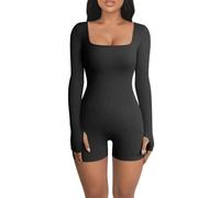 RPAEOY Tutina Donna Manica Lunga Scollo Quadrato Aderente Tuta Yoga Jumpsuit Sportivo Tuta Intera Sexy Pantaloncini Fitness Rompers One Piece Palestra Bodysuit (Nero,M)