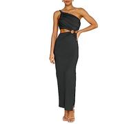 RPAEOY Vestito da Donna Abito Una Spalla Pieghettato Schiena Nuda Chiffon Elegante Tubino Festa Cocktail Abito da Damigella della Sera e Cerimonia Matrimonio Lady Dress (Nero,XL)