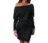 RPAEOY Vestito Donna Corto Elegante con Paillettes Manica Lunga Mini Abito Senza Spalla Tinta Unita Aderente Bodycon Sexy Abiti da Festa Discoteca Cocktail Nero S