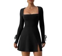 RPAEOY Vestito Donna Corto Maniche Lunghe Mini Abito con Spacco Sexy Abiti Donna Autunnali Aderente Bodycon Dress Vestiti de Discoteca Cocktail Party Nero L