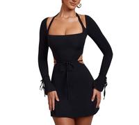 RPAEOY Vestito Donna Elegante Sexy Avvolgente Abito con Scollo Quadrato Maniche Lunghe Aderente Vestiti Moda Slim Miniabito per Festa Cocktail (Nero/S)