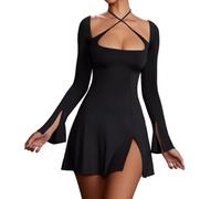 RPAEOY Vestito Donna Eleganti Manica Lunga Colletto Quadrato Cinturino Incrociato Senza Schienale Mini Casuale Abito da Sera Vestito Sexy Banchetto Festa Damigella d'Onore Cerimonia Cocktail (Nero,L)