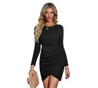 RPAEOY Vestito Donna Eleganti Manica Lunga Collo Rotondo Orlo Incrociato Ruched Casuale Abito da Sera Vestito Sexy Banchetto Festa Damigella d'Onore Cerimonia Cocktail Formale (Nero,L)