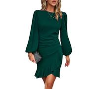 RPAEOY Vestito Donna Eleganti Manica Lunga Orlo a Volant Midi Bodycon Abito con Spacco Vintage Tubino per Cocktail Cerimonia Festa Ufficio Verde L