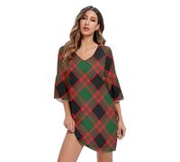 RPLIFE Abito casual con scollo a V a scacchi rosso verde nero stampato abiti corti hawaiani da donna S-XXL, Rosso Verde Nero A Scacchi, M