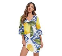 RPLIFE Abito casual con scollo a V stampato in stile siciliano con fiori blu e limoni da donna S-XXL, Limoni Stile Siciliano Fiori Blu, L