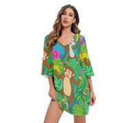 RPLIFE Abito corto in chiffon verde giungla scimmie giocose con maniche a 3/4 abito premaman partito S-XXL, Giocoso Scimmie Giungla Verde 2, M