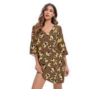 RPLIFE Abito elegante con scollo a V marrone dorato a pois leopardati Abito linea manica 3/4, Macchie Leopardo Marrone Dorato, M