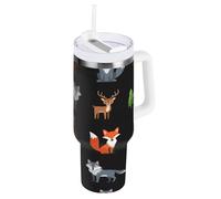RPLIFE Animals Foxes Forest Black - Bicchiere da caffè con manico e cannuccia, in acciaio inox, isolante, 1,18 l, colore: Nero