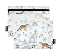 RPLIFE Arctic Animals - Astuccio con cerniera bianca con finestra trasparente, confezione da 2 astucci a 3 anelli per ragazze e bambini, materiale scolastico, 24 x 17 cm (taglia unica)
