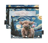 RPLIFE Astuccio a 3 anelli con finestra trasparente, confezione da 2 portapenne per bambini, materiale scolastico per bambini, 9,8 "× 7", Highland Cow Starry Night