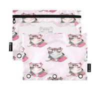RPLIFE Astuccio a tre anelli con finestra trasparente, confezione da 2 astucci con cerniera per bambini, materiale scolastico per bambini, 9,8 "× 7", gatti carini rosa