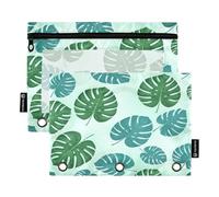RPLIFE Astuccio a tre anelli con finestra trasparente, confezione da 2 astucci con cerniera per ragazze e bambini, materiale scolastico, 24 x 17 cm, foglie tropicali verdi blu