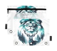 RPLIFE Astuccio a tre anelli con leone e cervo, con finestra trasparente, confezione da 2 astucci per raccoglitori per ragazze e bambini, materiale scolastico, 24 x 17,8 cm (taglia unica)