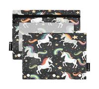 RPLIFE Astuccio a tre fori con finestra trasparente, confezione da 2 astucci con cerniera per ragazze e bambini, materiale scolastico, 9,8 "× 7", simpatici unicorni, arcobaleni, stelle nere