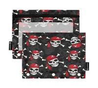 RPLIFE Astuccio con cerniera a 3 fori con finestra trasparente, confezione da 2 astucci per matite per ragazze, materiale scolastico per bambini, 24 cm x 17 cm, teschi pirati neri