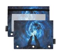RPLIFE Astuccio con cerniera a 3 fori con finestra trasparente, confezione da 2 astucci per ragazzi elementari per bambini, articoli per la scuola, 24 cm × 17 cm, lupi Howling Moon Night