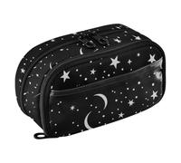 RPLIFE Astuccio di grande capacità per la scuola, organizer per cancelleria con luna bianca e stelle, organizer per cancelleria, multi scomparto con tasca in PVC trasparente