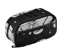 RPLIFE Astuccio nero con teschio di falene bianche, organizer per cancelleria con tasca in PVC trasparente, astuccio per il rientro a scuola