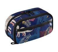 RPLIFE Astuccio per bambini con dinosauri e piante tropicali, blu navy, con tasca in PVC trasparente, grande capacità, organizer multi scomparto per materiale scolastico