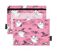 RPLIFE Astuccio per matite a tre fori con finestra trasparente, confezione da 2 custodie per ragazze con cerniera per bambini, 24 cm x 17 cm, fantasmi di Halloween con cartoni animati rosa