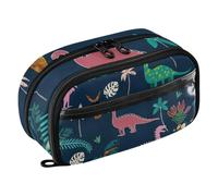 RPLIFE Astuccio per matite con dinosauri e piante tropicali blu navy per ragazze, grande capacità, organizer per cancelleria, multi scomparto con tasca in PVC trasparente