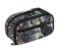 RPLIFE Astuccio per matite con gatto e luna floreale, con tasca in PVC trasparente, astuccio per la scuola, per ragazze
