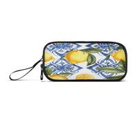 RPLIFE Astuccio per matite in stile siciliano con fiori blu limoni, astuccio con cerniera, grazioso astuccio estetico