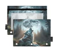 RPLIFE Astuccio per matite per raccoglitore a 3 anelli, confezione da 2 sacchetti con cerniera con finestra, materiale per il ritorno a scuola, 9,8 pollici × 7 ″ In, Howling Wolf Moon